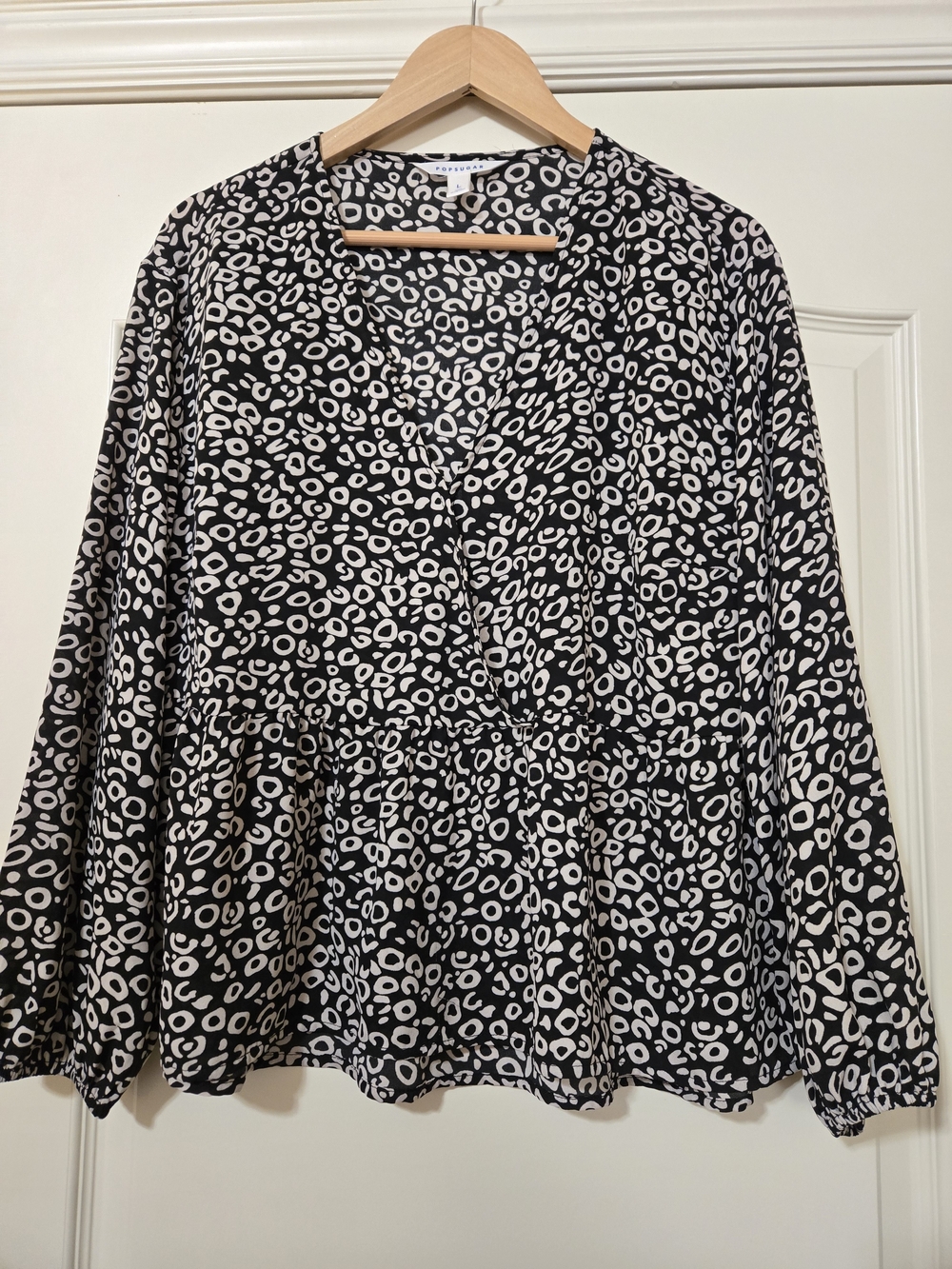 POPSUGAR Black and White Printed V-Neck Peplum Blouse